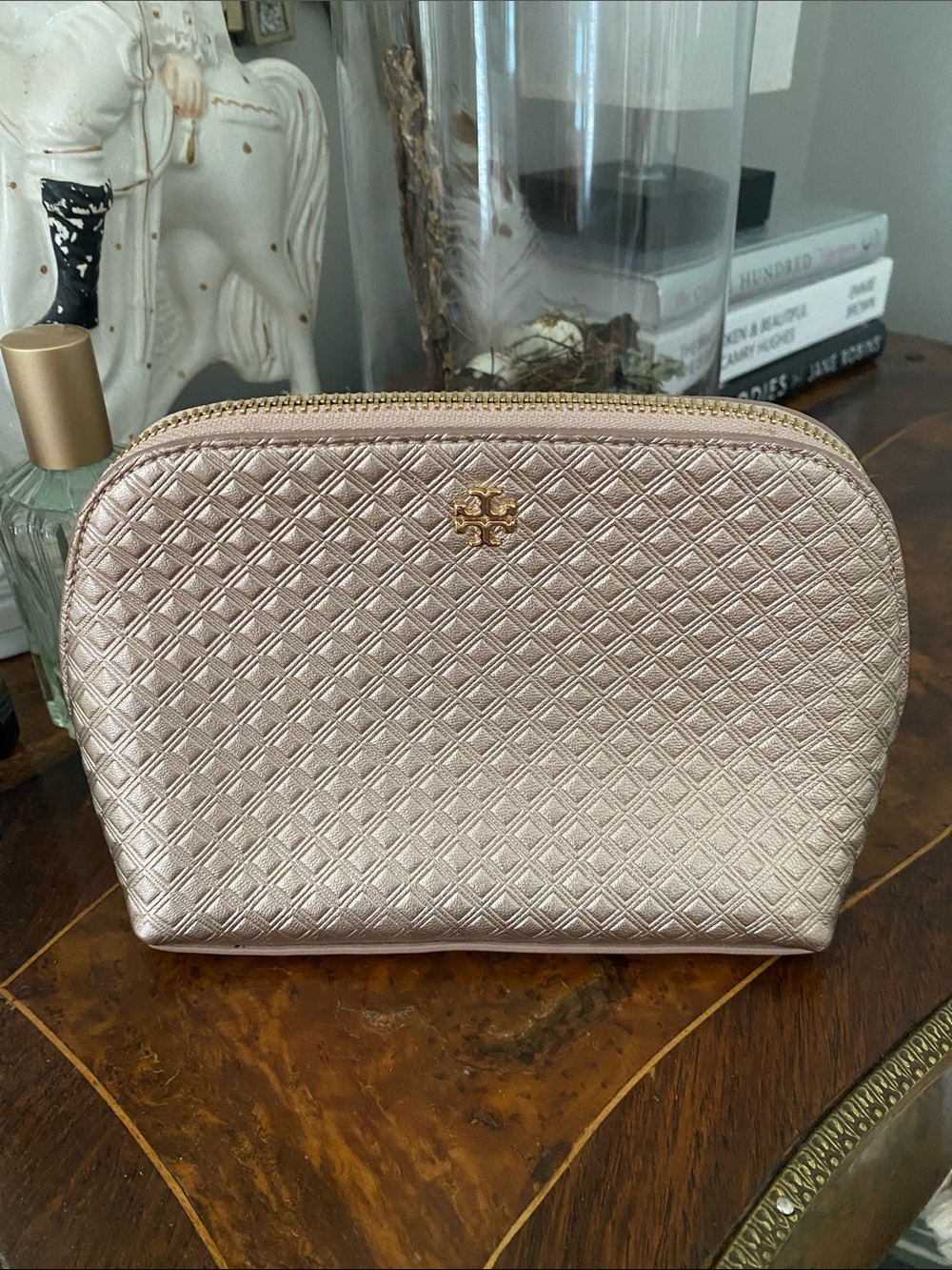 Tory Burch Rose Gold Metallic Marion Cosmetic Bag